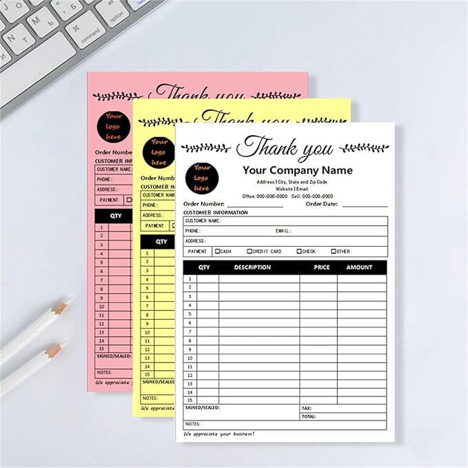 Custom Invoice Book in 3-Part /2-Part Receipt Book with Carbon Copies Personalized Carbonless Service Invoice Form Books Sales Order Book with Company Name Logo Address,C3-Thank You Receipt