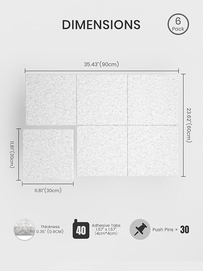 Bumusty Large Felt Bulletin Board 48" x 36" Cork Board Alternative - 6 Pack with 40 Safe Removable Adhesive Tabs, Cork Boards for Walls Cork Board for Home Office Classroom Pin Board (Silvery Gray)