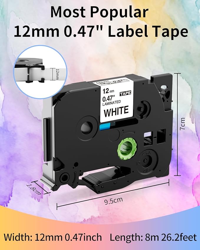 P Touch Label Maker Tape 12mm 0.47 Inch Laminated White/Black/Red/Blue/Yellow Replacement for Brother TZe Label Tape, for Ptouch Model PT-D200 D210 H100 1880, Colored Tape, 5-Pack