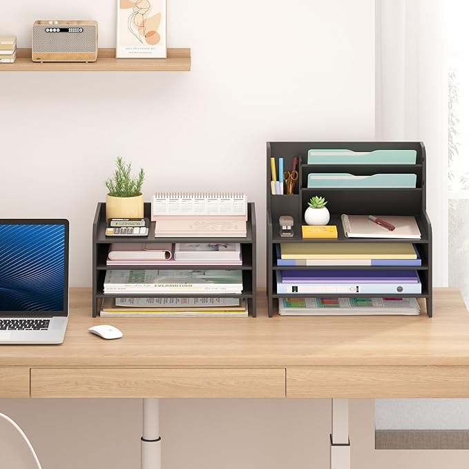 Wisuce Essentials Bamboo Desk Organizer Mail Holder Countertop Letter Tray Wood File Organizer for Desk Letter Sorter Wood Paper File Storage for School Home Office Supplies