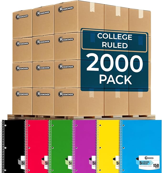 Rosmonde 2000 Packs (Pallet) 5 Subject Notebooks, Spiral Notebook Bulk, College Ruled,Pallet of Notebooks,150 Sheets (300 pages), 8 x 10-1/2",Bulk Spiral Notebooks for School & Office,4-7 Days Transit
