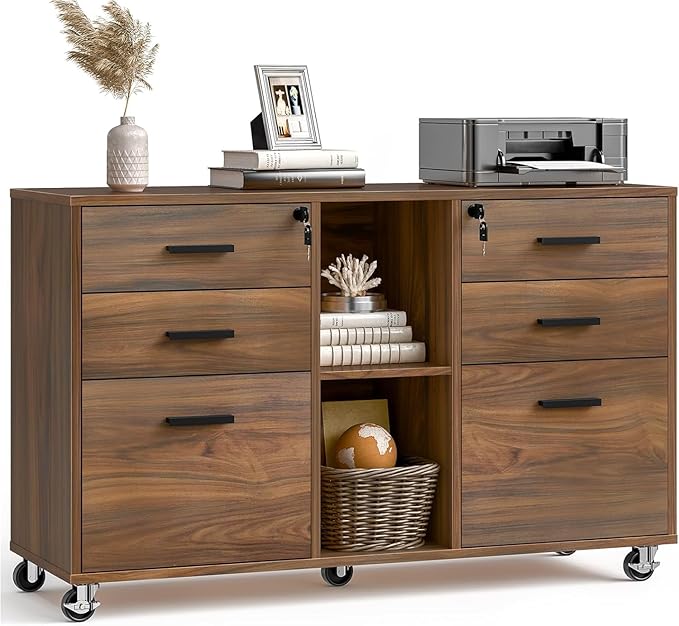 Lateral File Cabinet with Lock, Large Mobile Storage Filing Cabinet with 6 Drawers Fits Files Letter/A4 Size, Rolling Printer Stand with Open Storage Adjustable Shelf for Home Office, Brown
