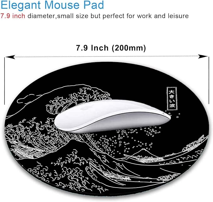 IMAYONDIA Japanese Great Wave Mouse Pad Small, Black Anime Mouse Pads, Kanagawa Round Mousepad, Aesthetic Desk Decor, Anti Slip Rubber Base Mice pad for Computer Office Travel, 7.9 x 7.9 Inch