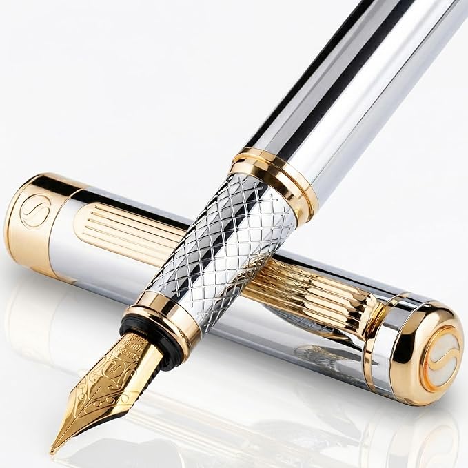 Scriveiner Silver Chrome Fountain Pen - Stunning Luxury Pen, Real Gold Finish, Schmidt Gilded Nib (Broad), Best Gift Set for Men & Women, Professional, Executive Office, Nice Designer Pens