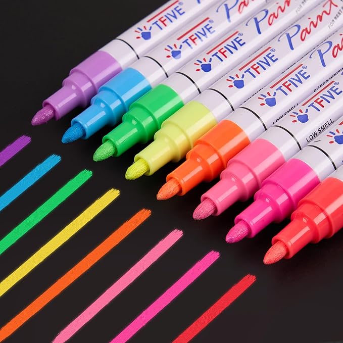 TFIVE Fluorescent Paint Markers, 8 Colors Neon UV Paint Pens for Blacklight - Oil-Based, Medium Tip, Waterproof Permanent Marker Pens for Rock Painting, DIY Art Crafts, Scrapbooking, Glass Windows