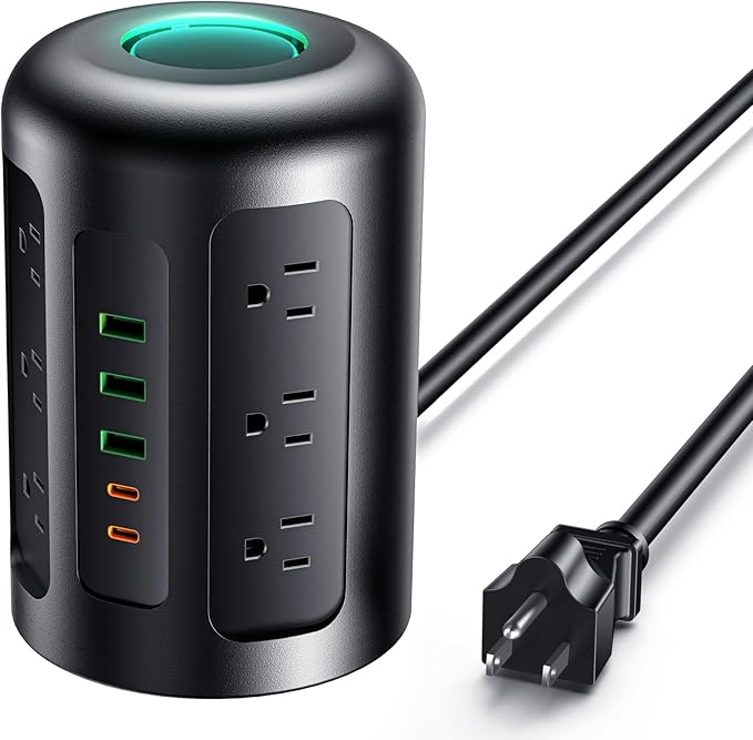 Yegosh Power Strip Tower Surge Protector with 12 AC Outlets & 5 USB Ports (2 USB C), 5 Feet Extension Cord with Multiple Outlets, Keyhole Slots, Charging Station Desk Supplies for Home Office Dorm