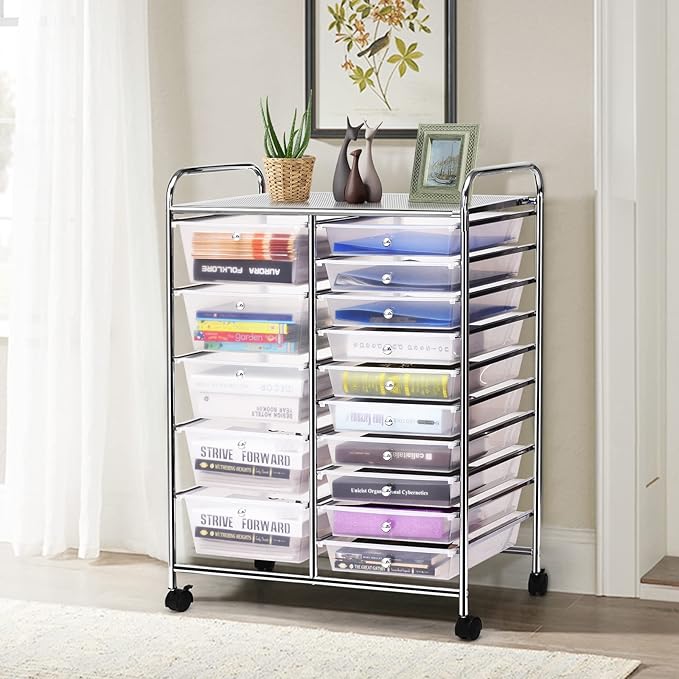 COSTWAY 15 Drawer Rolling Storage Cart, Multipurpose Mobile Storage Organizer w/Removable Drawers & Metal Frame, Utility Tools Paper Organizer on Wheels for Home, Office (Transparent)