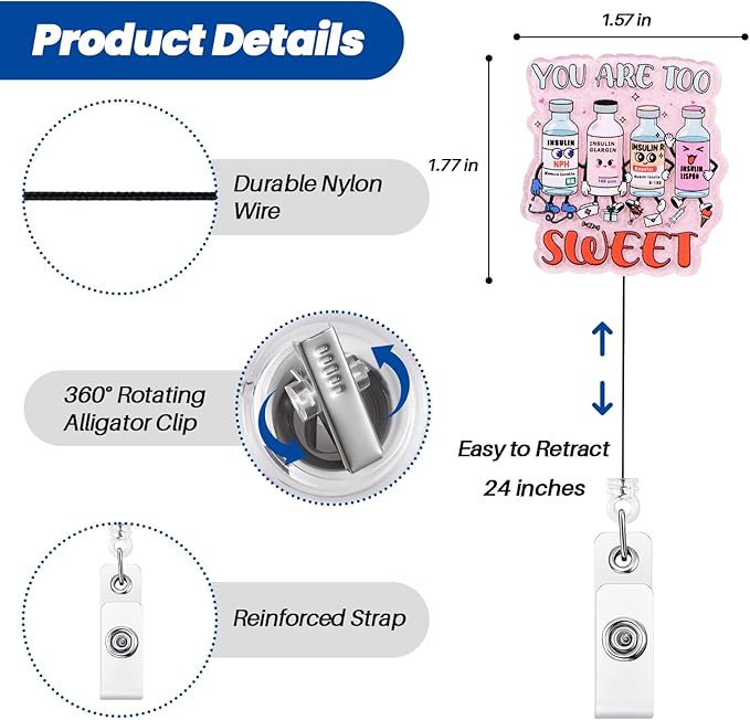 You are Too Sweet Funny Badge Reel | Retractable ID Card Badge Holder | Name Medical Badge Clip for Endocrinology Doctor Nurse RN CNA MA LPN Phlebotomist Diabetes Educator Nutritionist | Nurse Gifts