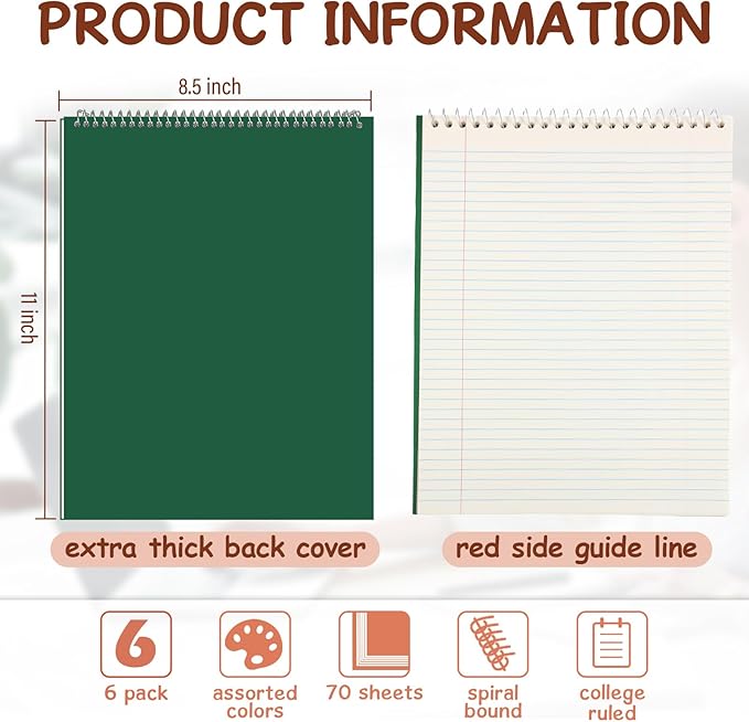 Maitys 6 Pcs Legal Pad Steno Spiral Notebook 8.5" x 11" Top Bound Spiral Pads Hard Cover College Ruled Notepad 70 Sheet Pad for School Office University Home(Chic Color,Modern Style)