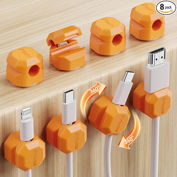 8 Pack Spring Cable Clips,Rotatable Cord Organizer Desk Cable Management Cord Holder Adhesive Phone Charger Cord Clips for Home Office Car Wall Nightstand Accessories, Orange