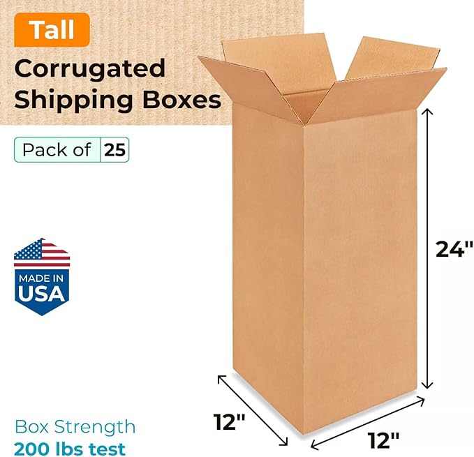 Tall Moving & Shipping Boxes 12"L x 12"W x 24"H (25-Pack) - Extra Strength 200 lb vs Regular - Corrugated Boxes for Packaging Moving - Corrugated Packaging Box - Box Cardboard by IDL Packaging