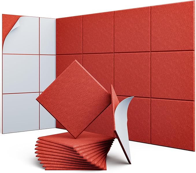 UNECHO 12 Pack 12" X 12" X 0.4" Acoustic Panels for Wall Sound Absorbing, Square Self-Adhesive Sound Panel, High Density Suitable for Multiple Scenarios(Cherry Red)
