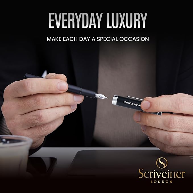 Scriveiner Personalized Luxury EDC Fountain Pen (Medium), Stunning Matt Black Pocket Pen, Chrome Finish, Schmidt German Nib, Best Engraved Fountain Pen Gift Set for Men & Women, Name Engraving