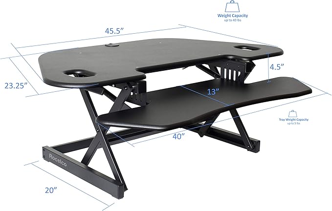 Rocelco 46" Height Adjustable Corner Standing Desk Converter with Dual Monitor Stand Bundle - Quick Sit Stand Up Computer Workstation Riser - Extra Large Keyboard Tray - Black (R CADRB-46-DMS)