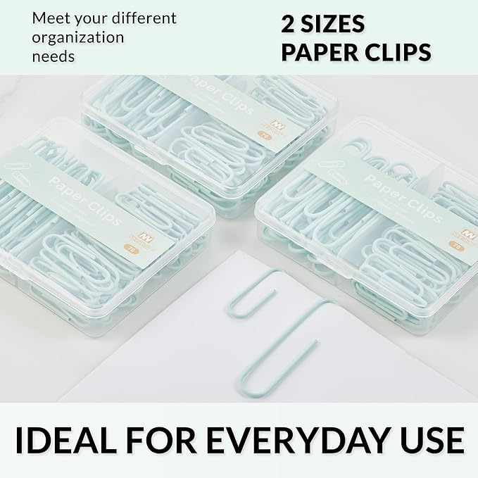 NEEWAY Colorful Paper Clips Assorted Sizes, Small and Large Paperclips, 210 Count, 3 Pack of 70 (Light Green)