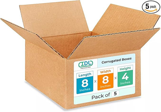 Small Moving & Shipping Boxes 8 x 8 x 4 inches (5-Pack) - Extra Strength 200 lb vs Regular - Corrugated Moving Boxes for USPS/UPS/FEDEX - Packing Box for Moving - Cardboard Box by IDL Packaging