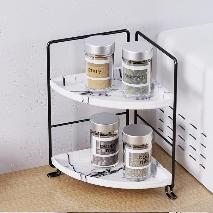 JANUSLiANG Small Corner Kitchen Organizer,Spice Rack,Bathroom Organizer, Countertop Makeup Shelf Cosmetics Storage Display Rack Vanity Shelf,Plastics imitation marble design,Tool-Less Install (Black)