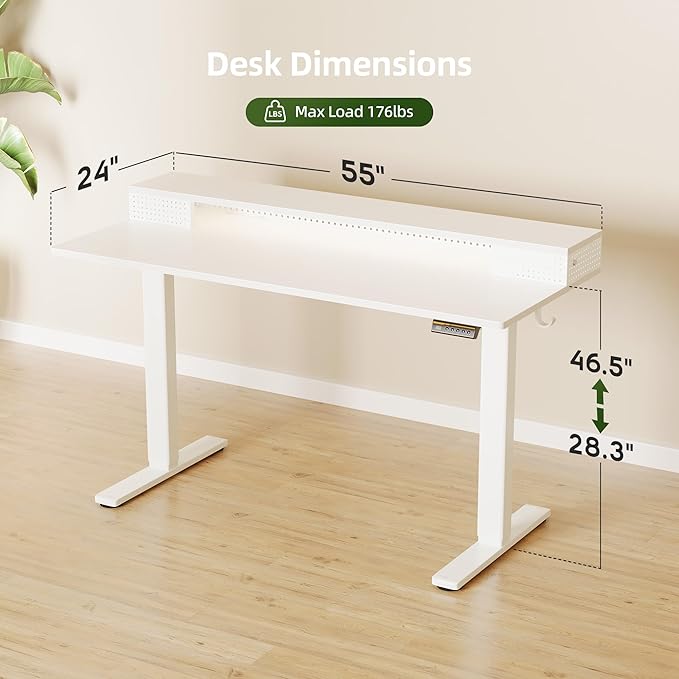 Claiks Electric Standing Desk with Shelf, 55 Inch Height Adjustable Standing Desk with LED Lights & Monitor Stand, White Frame/White Top