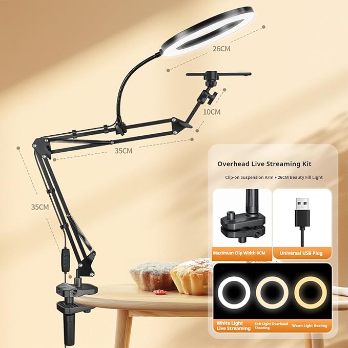 Overhead Camera Mount and Phone Holder with 10” Ring Light Adjustable Desk Tripod Stand Compatible with Logitech Webcam for YouTube, Live Streaming, TikTok, Cooking, Nail Video & Zoom Meetings