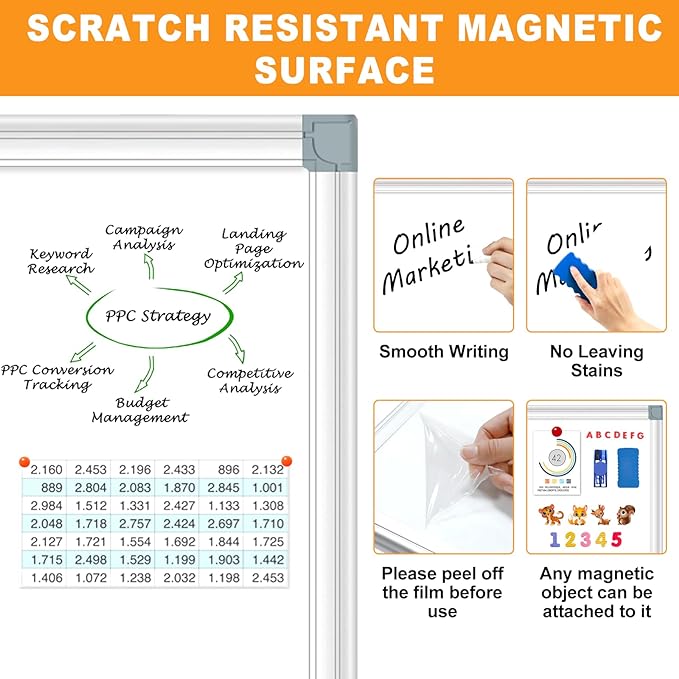 H-Qprobd Magnetic Whiteboard 24" x 18" Dry Erase White Board for Wall, Hanging Mounted Whiteboard with Aluminum Marker Tray