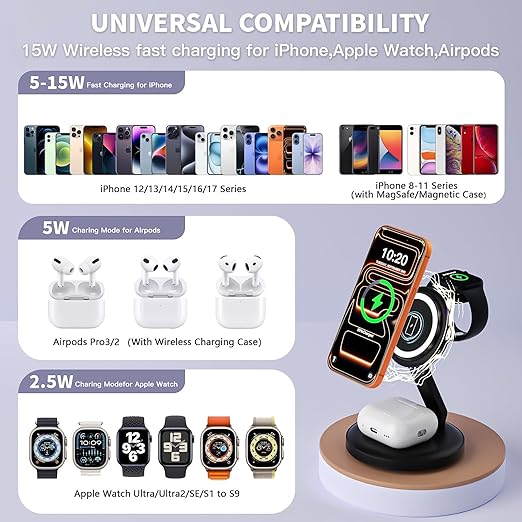 Charging Station for Apple Magsafe Wireless Charger iPhone Charging Station,15W 3 in 1 Foldable Apple Magnetic Wireless Charger for iPhone 17 Pro Max/16 Plus/16 ProMax/15/14/13,Apple Watch,AirPods Pro