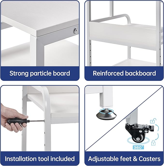 Fannova Printer Stand, 25.6" x 23.6" x 30.9" Extra Large Printer Table with Adjustable Storage Shelf, 3 Tier Rolling Printer Cart with Industrial Wheels for Home Office, White
