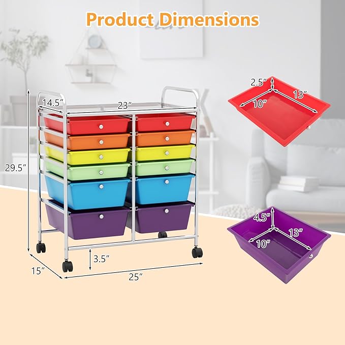HAPPYGRILL 12-Drawer Rolling Storage Cart, Multipurpose Organizer Cart for Home Office School, Utility Cart with Wheels, (Colorful)
