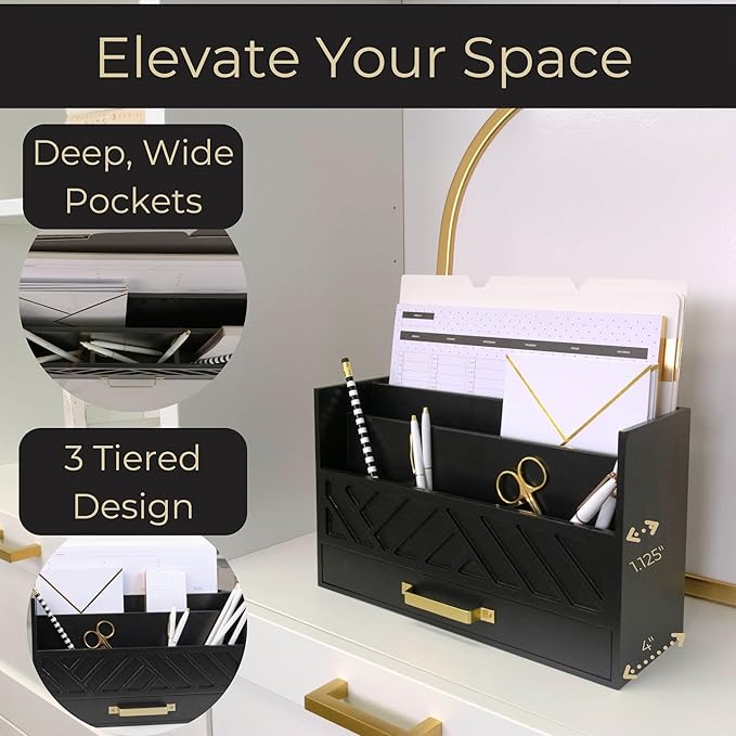 BLU MONACO | Wooden Mail Organizer with Drawer and Gold Handle | Mail Sorter Organizer Countertop for Desk | Outgoing Mail Holder and Letter Sorter for Desk Storage