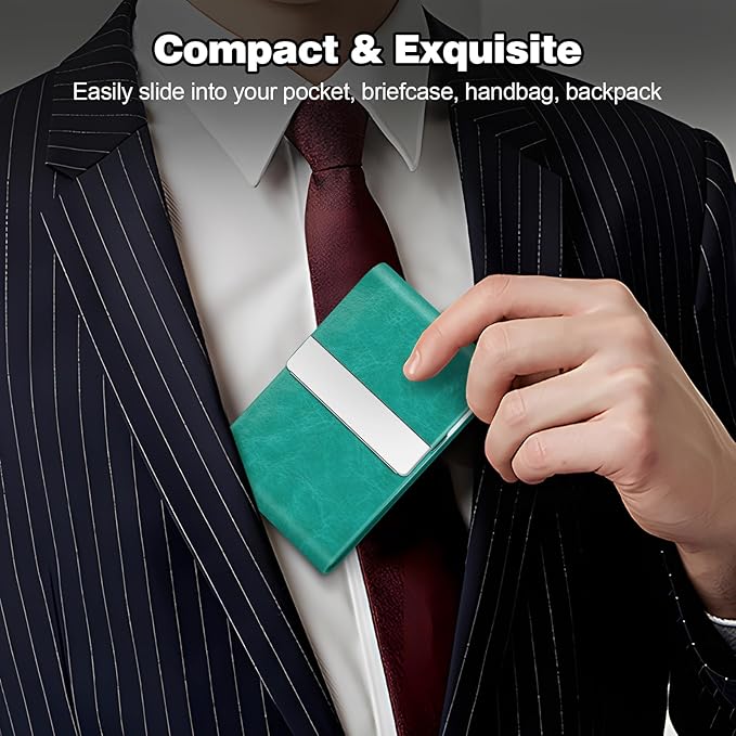 Business Card Holder for Women or Men, Business Card Case with PU Leather and Stainless Steel, Slim Metal Case with Magnetic Closure for Business Meeting Use