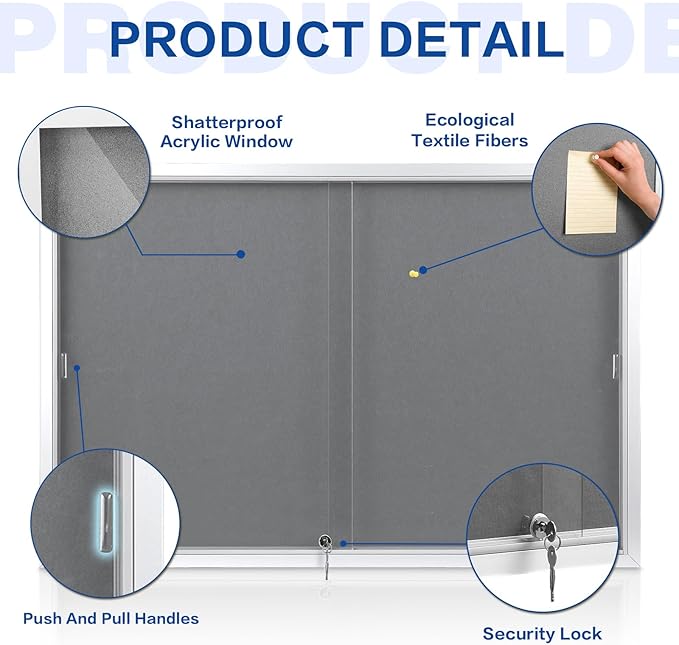 SWANCROWN Glass Enclosed Bulletin Board 48"x32", Locking Message Board with Sliding Glass Doors for Indoor Use, Grey Fabric