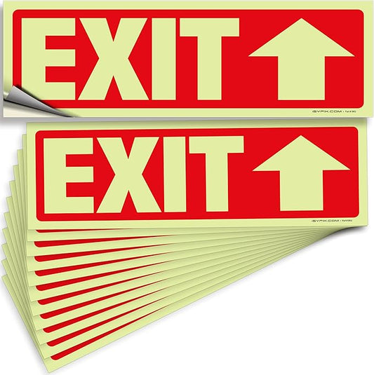 iSYFIX Exit Stickers Signs with Directional Up Arrow 12 Pack 12x4 Inch - Glow in the Dark Photoluminescent Vinyl for Office, School, Business, Warehouse - UV & Weather Resistant for Indoor/Outdoor Use