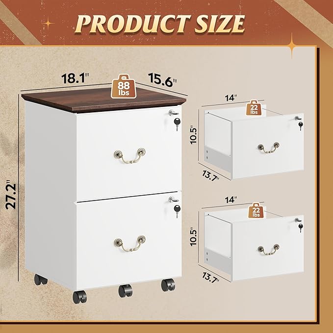 DEVAISE File Cabinet 2-Drawer, Small Office Furniture with Lock, Rolling Under Desk Filing Cabinet for Home Office, White