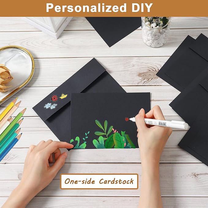 Silunkia 100 Packs Black Blank Cards and Envelopes 4.25 x 5.5 Heavyweight Single Panel Cardstock and A2 Envelopes Printable Self Seal for DIY Greeting Cards, Wedding Invitations, Graduations