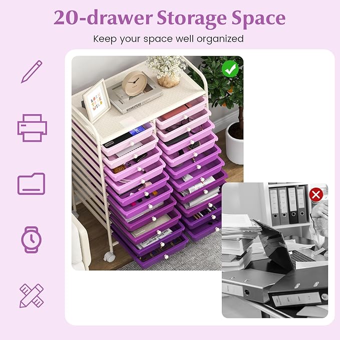 Happygrill 20-Drawer Organizer Cart Tools, Mobile Utility Storage Cart with Removable Drawers & Lockable Wheels, Rolling Storage Cart with wheels for Home Office School (Purple Gradient)