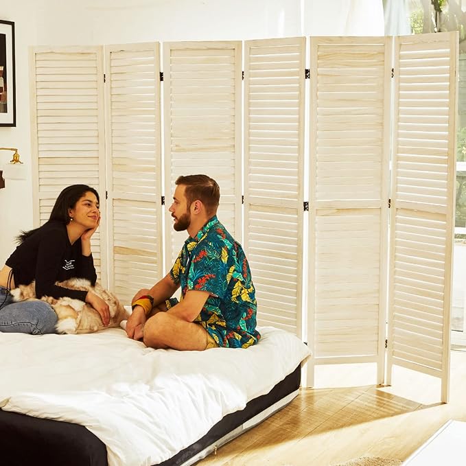 Room Dividers and Folding Privacy Screens, Wood Louvered Separators Divider Wall for Home Office Bedroom - 6 Panels, 67 * 90inch (White-Washed)