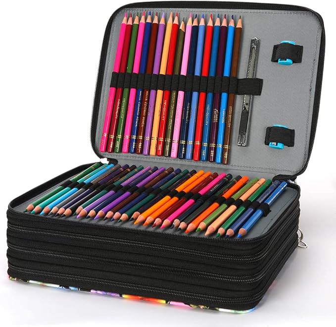 Vomgomfom Colored Pencil Case - 200 Slots Pencil Holder with Zipper Closure Twill Fabric Large Capacity Pencil Case for Watercolor Pens or Markers, Pencil Case Organizer for Artist (Black Flower)