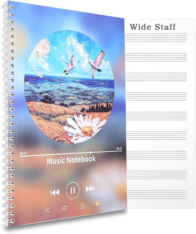 MUDOR Spiral-Bound Blank Sheet Music Notebook, 100 Pages Wide Staff Manuscript Paper with 100 GSM Thick Paper, Non-bleeding, Piano Guitar Composition Notebook for Composers, Students and Musicians (Blue)