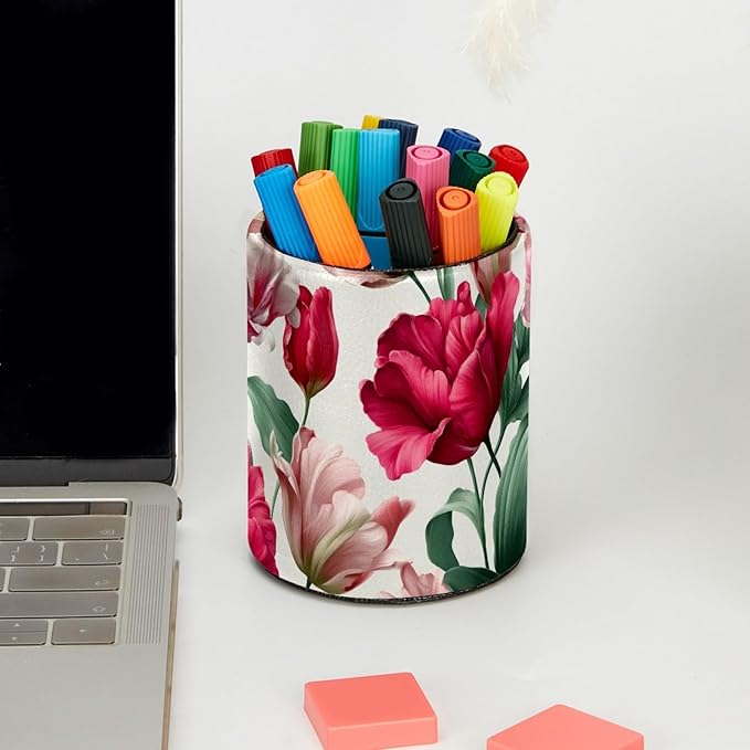 Leather Pen Holder for Desk Tulips Pattern Pencil Cup Desktop Organizer Makeup Brush Holders Office Supplies for Home, Kids & School