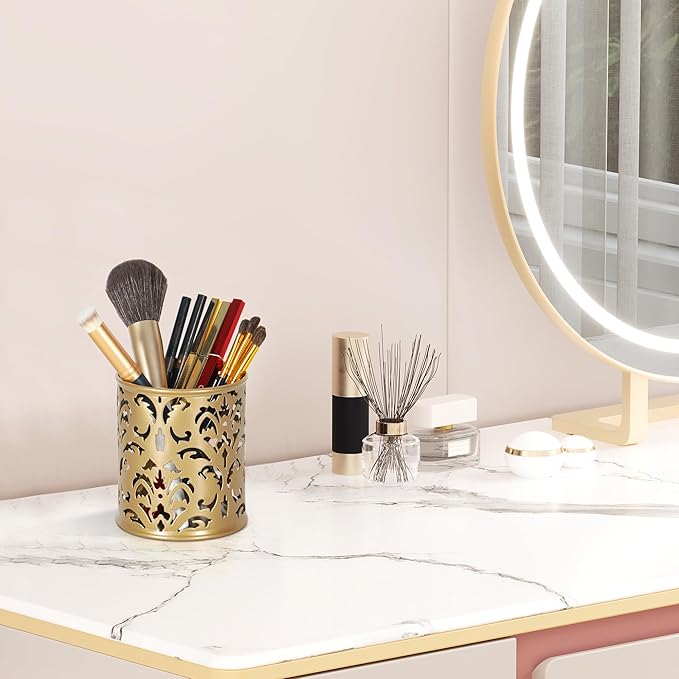 EasyPAG Gold Pen Holder for Desk, 2 Pack Round Pen Organizer, Brush Holder for Vanity, Metal Pencil Cup Organizer for Home, Office, Classroom, School