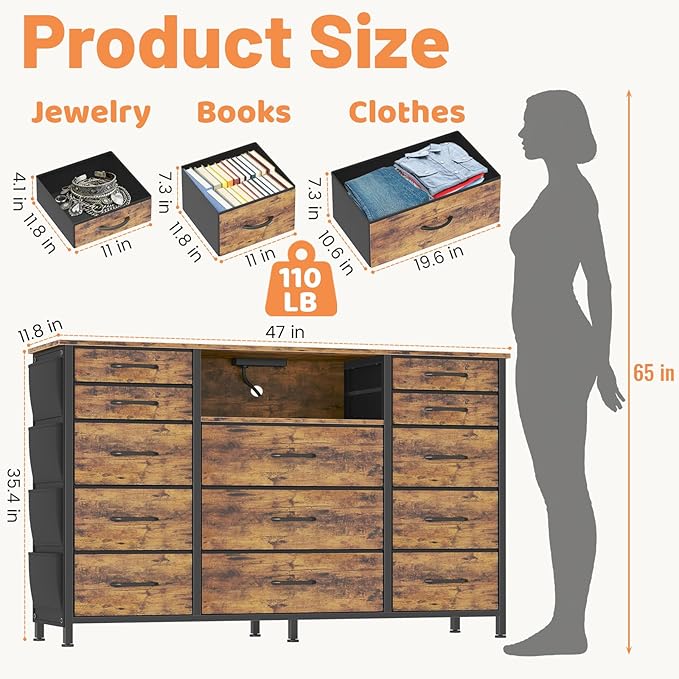 HCHQHS 47 Inch Dresser for Bedroom with 13 Drawers,Side Pockets Hooks and Lights with Remote Control,Hallway,Closet,Kitchen,Large TV Stand (Rustic Brown)