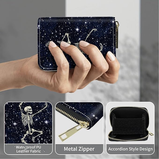 BWEGRHE Cute Credit Card Holder with Zipper, Dance Skull Skeleton RFID-Blocking Card Case Small Wallet for Women Men, Multi-slot Card Organizer Case Travel Accordion Wallet