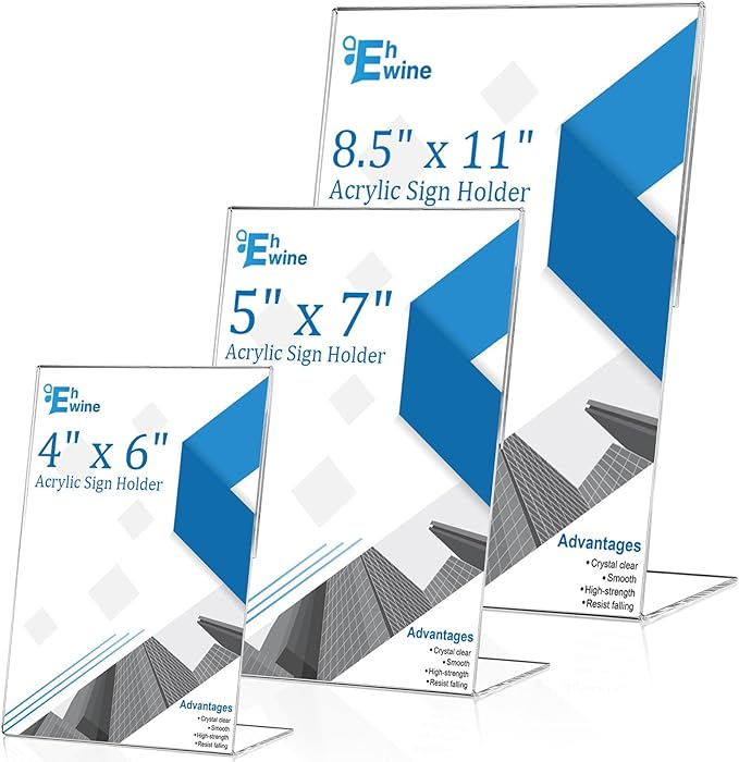 EHWINE 12 Pack 5 x 7 Acrylic Sign Holder, Clear Plastic Signs Display Stand, Vertical Slanted Back Paper Holder Stand up Table Top Sign Holders Flyer Stand Frames Suitable for Office Business Store