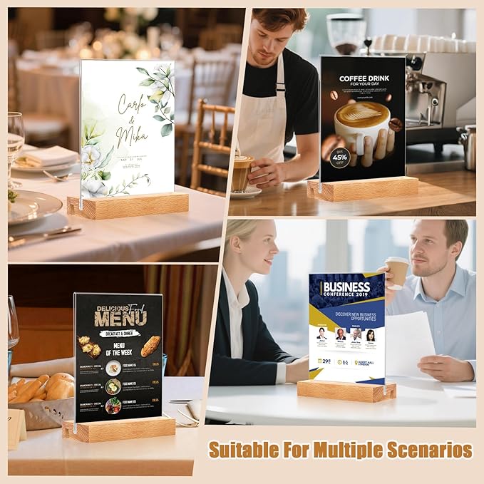 EthPul 16 Pack 5x7 Acrylic Sign Holder with Wood Base Vertical and Slant Displays, Clear Plastic Flyer Display Stand, Paper photo Table Menu Sign Frame Suitable for Restaurants, Office, Store, Hotels