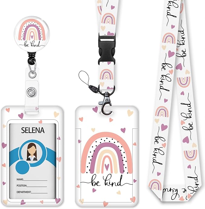 Rainbow Badge Holder Retractable Lanyard, Lanyards for ID Badges Name Tags Vertical Card Holder, Detachable Lanyard Badge Reel Retractable, Teacher Nurse Workers Women Office Gifts Bekind
