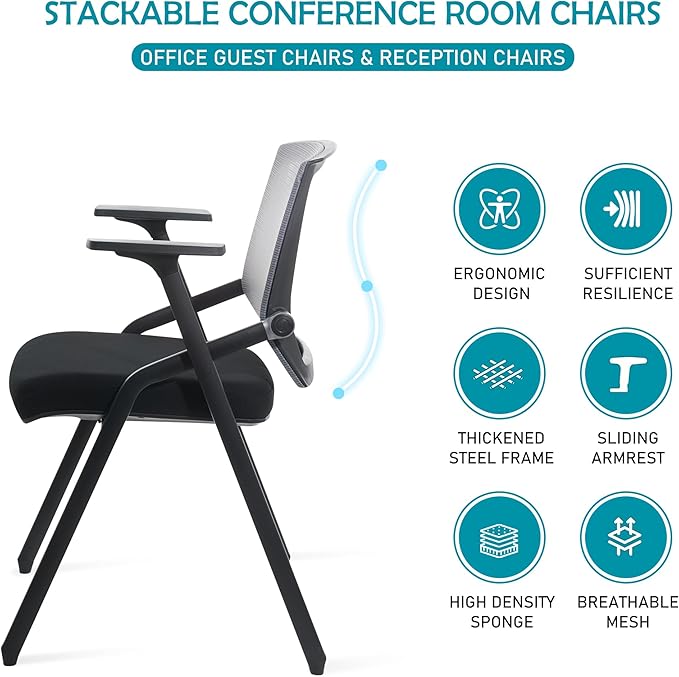 BLANEDUO Conference Room Chairs, Folding Office Desk Chair with Lumbar Support and Sliding Armrest, Stackable Office Guest Chairs & Reception Chairs(8 Pack)