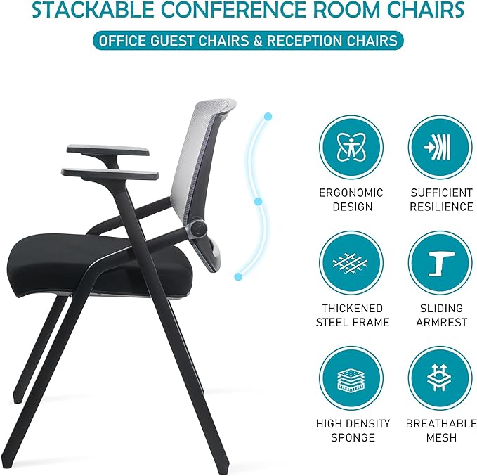 BLANEDUO Conference Room Chairs, Folding Office Desk Chair with Lumbar Support and Sliding Armrest with Casters, Stackable Office Guest Chairs & Reception Chairs(4 Pack)