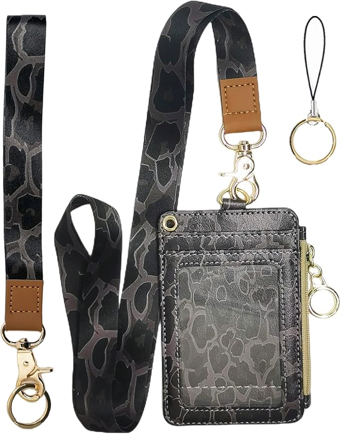 bolimoss Cheetah Badge Holder with Lanyard,Lanyards for ID Badges,Leopard Print Zip Id Case and Lanyard Women Wallet Vertical Card Protector Cover Case for Work Nurse Medical Doctor Student Teacher