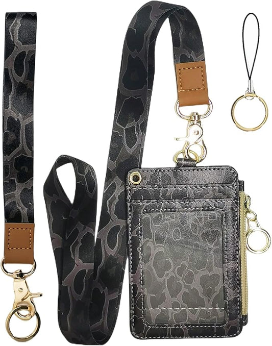 bolimoss Cheetah Badge Holder with Lanyard,Lanyards for ID Badges,Leopard Print Zip Id Case and Lanyard Women Wallet Vertical Card Protector Cover Case for Work Nurse Medical Doctor Student Teacher
