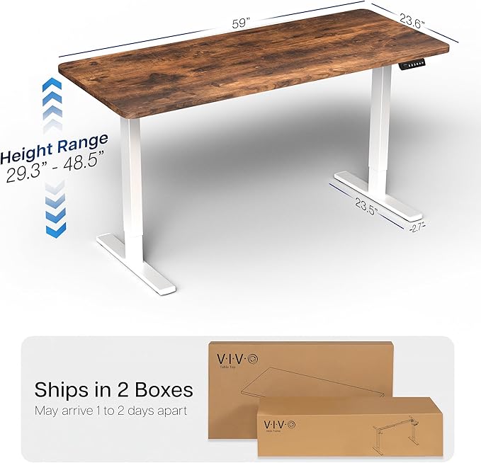 VIVO Electric 60 x 24 in Rustic Standing Desk, Memory Height Adjustment, 1B Series, Holds 220 lbs, One-Piece Vintage Brown Top, White Frame, DESK-KIT-1W6N