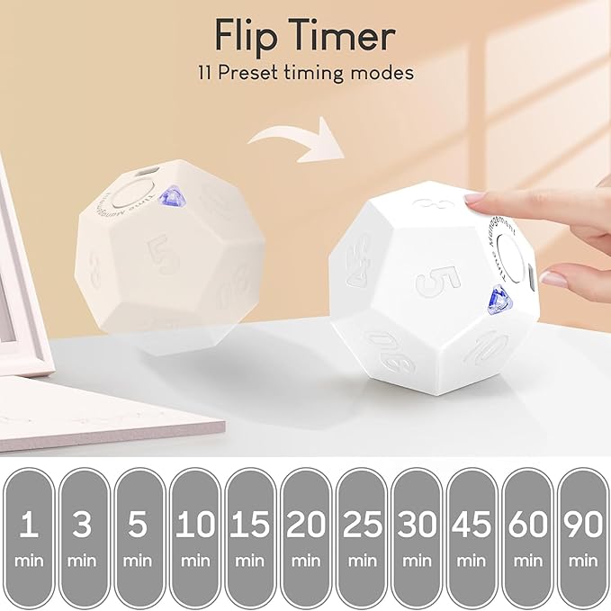 Mini 12 Sided Cube Timer, 11 Preset Times Pomodoro Timer for Enhanced Productivity. Ideal for ADHD Management, Workout, Study & Kitchen Cooking. Easy to Use（White）
